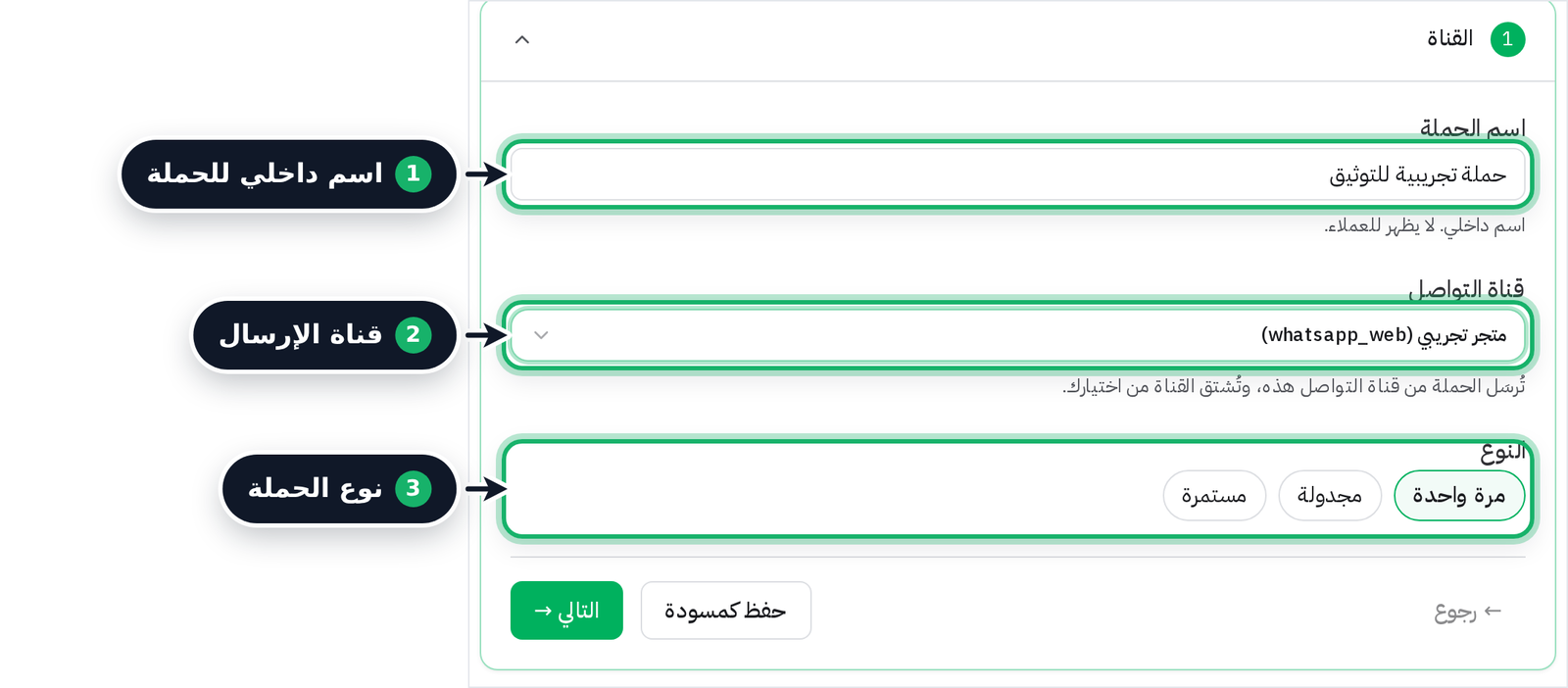 قسم القناة في صفحة حملة جديدة
