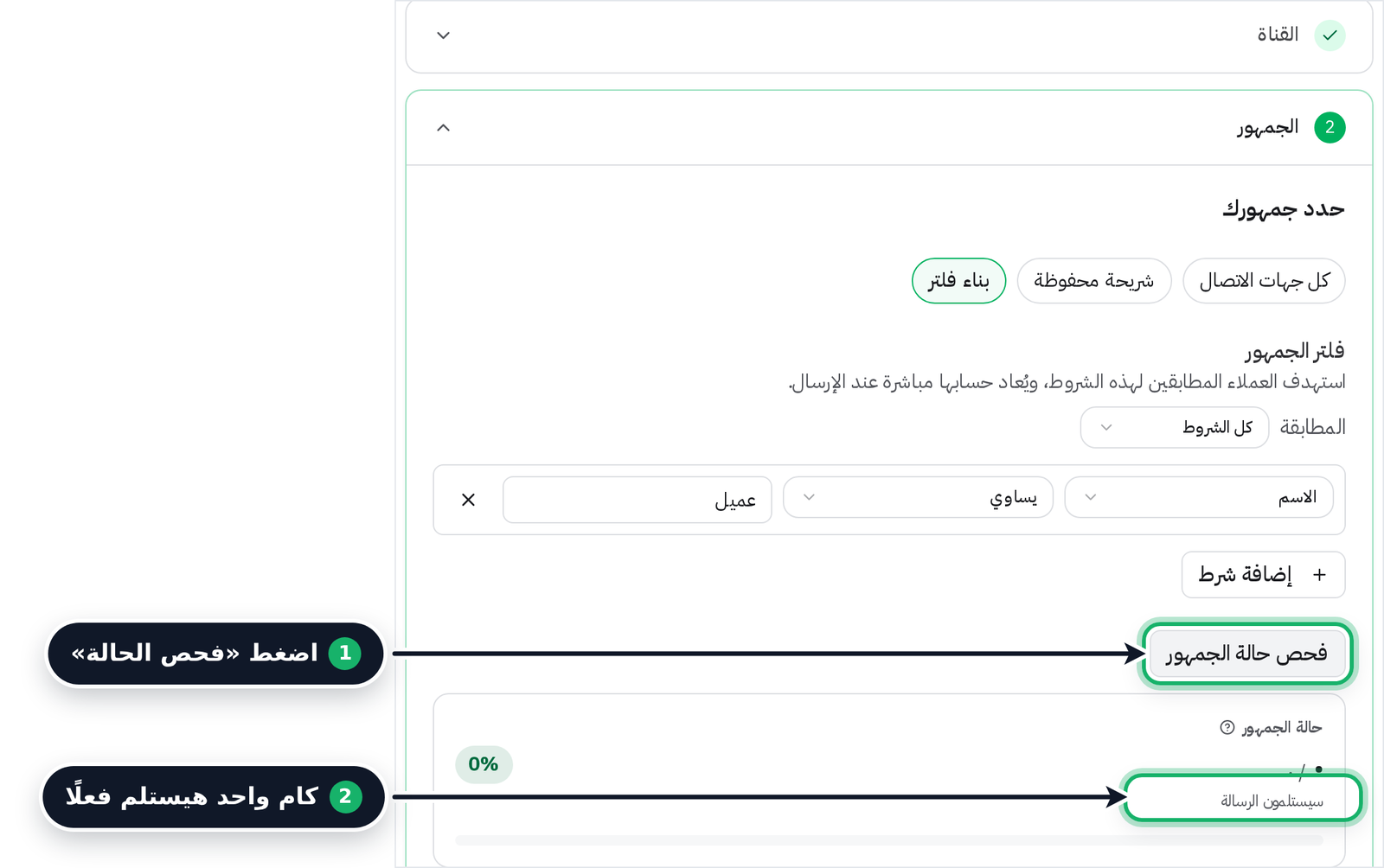 نتيجة فحص حالة الجمهور قبل إرسال الحملة