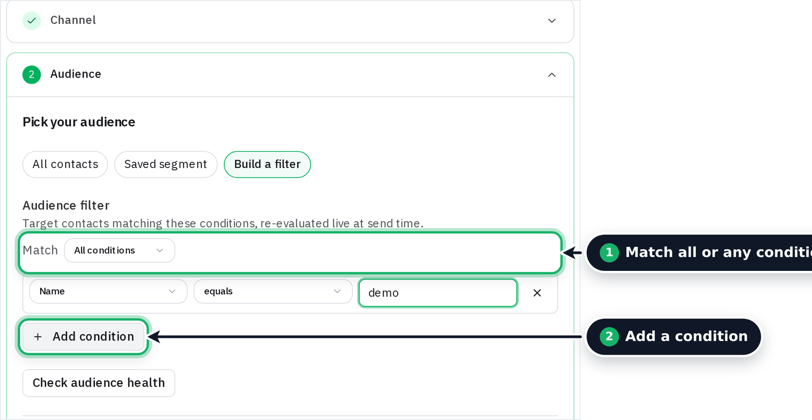 Choosing the filter field in the audience filter conditions