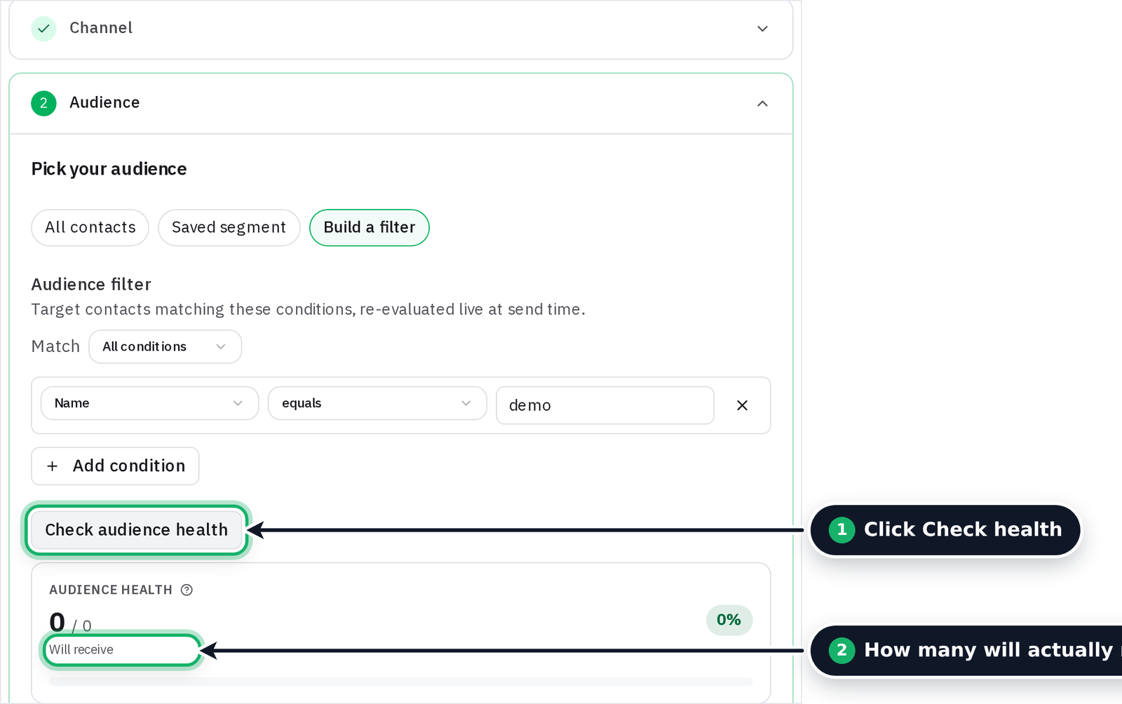The audience health result before sending a campaign