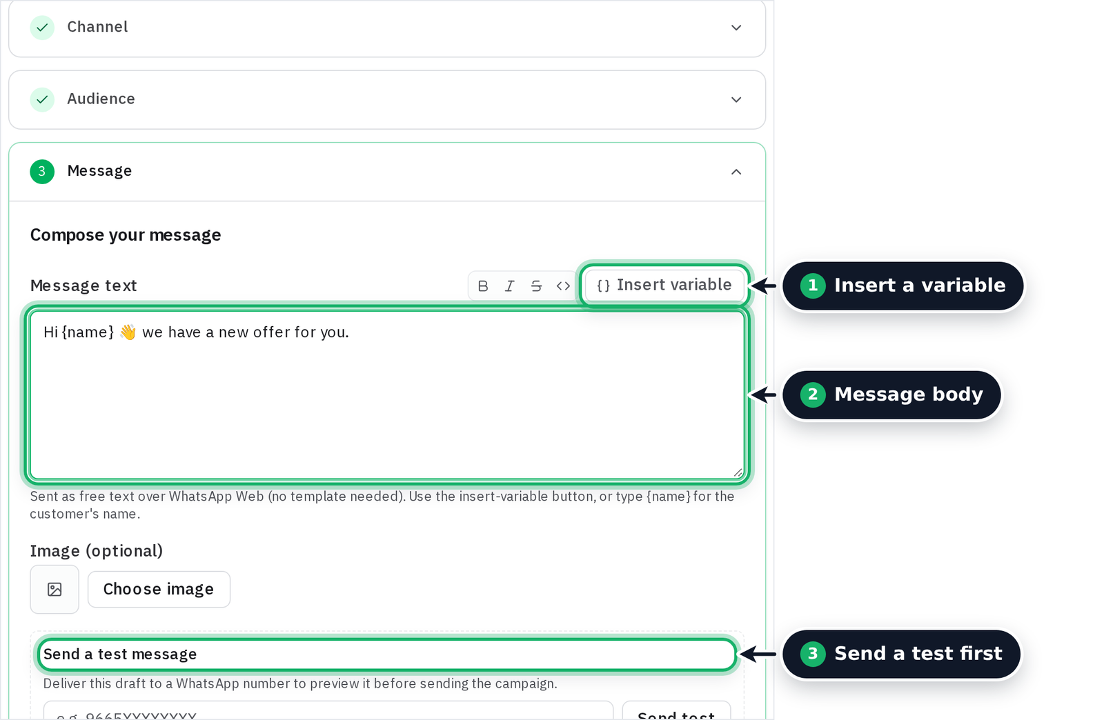 Writing the campaign message, inserting variables and sending a test