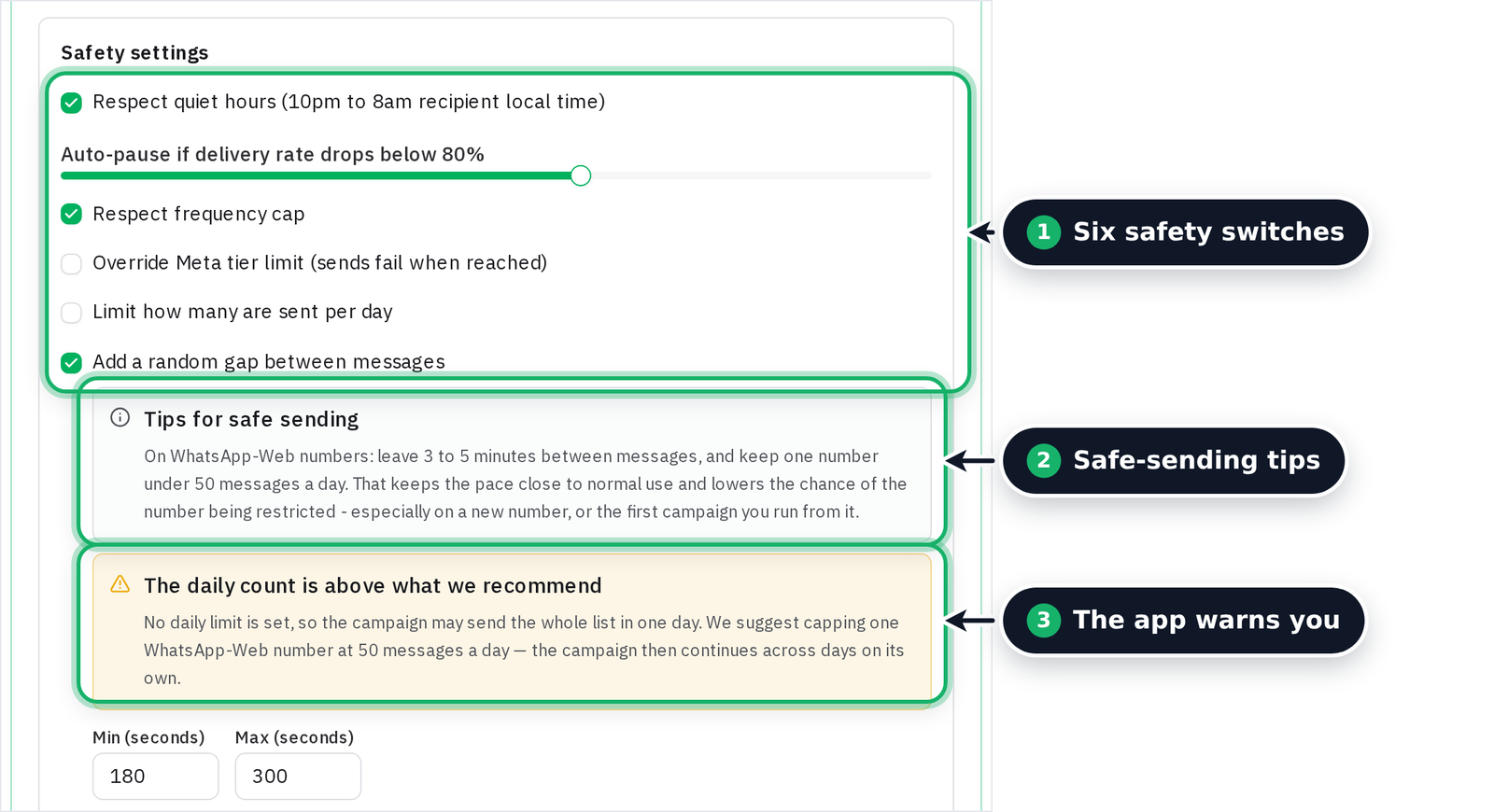 Safety settings in the Schedule step