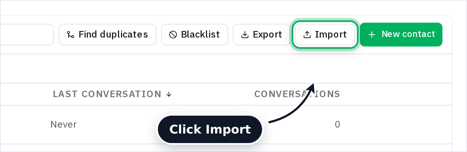 The Import button in the Contacts page toolbar