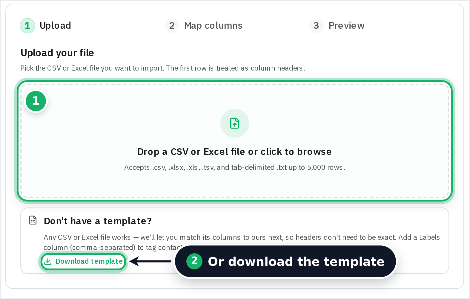 The upload area for a CSV or Excel file and the download template button on the import contacts page