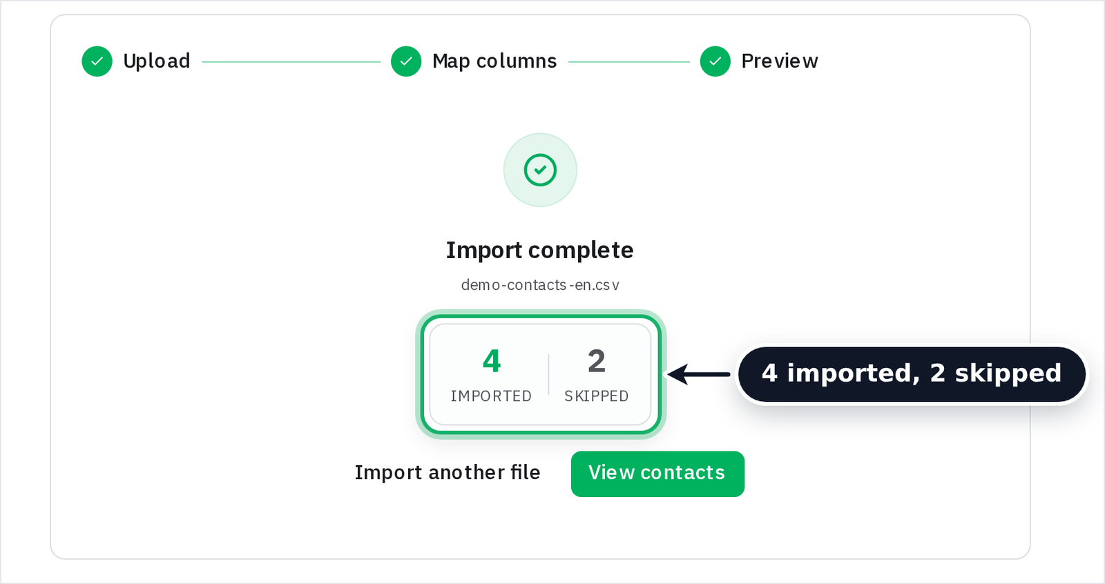 The import complete screen showing how many contacts were imported and skipped